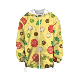 Детская куртка 3D с принтом Pizza в Екатеринбурге, 100% полиэстер | застежка — молния, подол и капюшон оформлены резинкой с фиксаторами, по бокам — два кармана без застежек, один потайной карман на груди, плотность верхнего слоя — 90 г/м2; плотность флисового подклада — 260 г/м2 | Тематика изображения на принте: hipster | pizza | swag | еда | пицца | свэг | хипстер