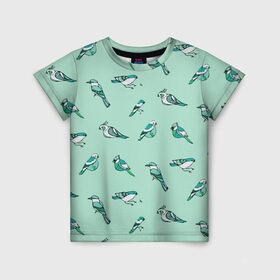 Детская футболка 3D с принтом Птица-синица в Екатеринбурге, 100% гипоаллергенный полиэфир | прямой крой, круглый вырез горловины, длина до линии бедер, чуть спущенное плечо, ткань немного тянется | бирюза | паттерн | птахи | птички