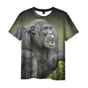 Мужская футболка 3D с принтом Шимпанзе в Екатеринбурге, 100% полиэфир | прямой крой, круглый вырез горловины, длина до линии бедер | животные | обезьяна 