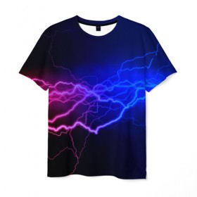 Мужская футболка 3D с принтом Столкновение энергии в Екатеринбурге, 100% полиэфир | прямой крой, круглый вырез горловины, длина до линии бедер | молния | разряд | электричество | яркий