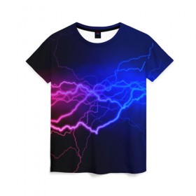 Женская футболка 3D с принтом Столкновение энергии в Екатеринбурге, 100% полиэфир ( синтетическое хлопкоподобное полотно) | прямой крой, круглый вырез горловины, длина до линии бедер | молния | разряд | электричество | яркий
