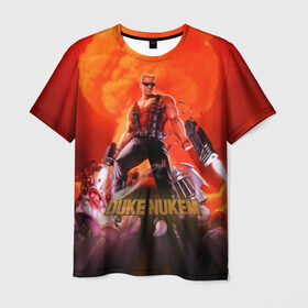 Мужская футболка 3D с принтом Duke Nukem в Екатеринбурге, 100% полиэфир | прямой крой, круглый вырез горловины, длина до линии бедер | Тематика изображения на принте: брутальный | взрыв | дюк нюмем | мужик | огонь | радиация | ядерный