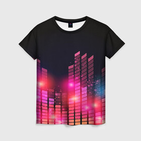Женская футболка 3D с принтом Equalizer light в Екатеринбурге, 100% полиэфир ( синтетическое хлопкоподобное полотно) | прямой крой, круглый вырез горловины, длина до линии бедер | color | colour | glim | glow | light | lights | shine | world