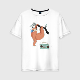Женская футболка хлопок Oversize с принтом Ленивец слушает музыку в Екатеринбурге, 100% хлопок | свободный крой, круглый ворот, спущенный рукав, длина до линии бедер
 | арт | ленивец | лень | музыка | прикольные