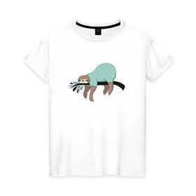 Женская футболка хлопок с принтом Ленивец спит в Екатеринбурге, 100% хлопок | прямой крой, круглый вырез горловины, длина до линии бедер, слегка спущенное плечо | арт | ленивец | лень | прикольные | сон