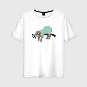 Женская футболка хлопок Oversize с принтом Ленивец спит в Екатеринбурге, 100% хлопок | свободный крой, круглый ворот, спущенный рукав, длина до линии бедер
 | арт | ленивец | лень | прикольные | сон