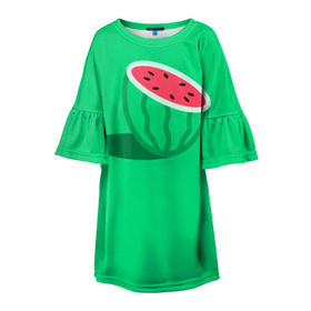 Детское платье 3D с принтом Арбуз в Екатеринбурге, 100% полиэстер | прямой силуэт, чуть расширенный к низу. Круглая горловина, на рукавах — воланы | Тематика изображения на принте: fruits | vegan | vegetables | vegetarian | веган | вегетарианство | еда | овощи | фрукты