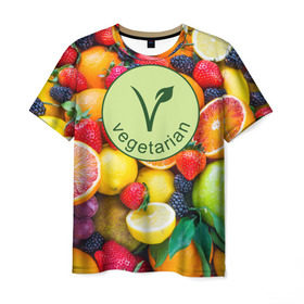 Мужская футболка 3D с принтом Vegetarian в Екатеринбурге, 100% полиэфир | прямой крой, круглый вырез горловины, длина до линии бедер | fruits | vegan | vegetables | vegetarian | веган | вегетарианство | еда | овощи | фрукты