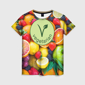 Женская футболка 3D с принтом Vegetarian в Екатеринбурге, 100% полиэфир ( синтетическое хлопкоподобное полотно) | прямой крой, круглый вырез горловины, длина до линии бедер | Тематика изображения на принте: fruits | vegan | vegetables | vegetarian | веган | вегетарианство | еда | овощи | фрукты