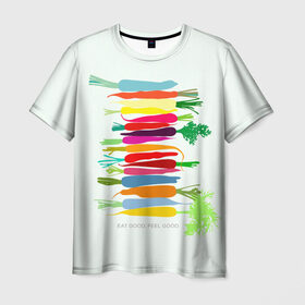 Мужская футболка 3D с принтом Feel Good в Екатеринбурге, 100% полиэфир | прямой крой, круглый вырез горловины, длина до линии бедер | Тематика изображения на принте: fruits | vegan | vegetables | vegetarian | веган | вегетарианство | еда | овощи | фрукты