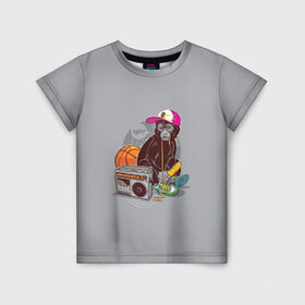 Детская футболка 3D с принтом monkey music в Екатеринбурге, 100% гипоаллергенный полиэфир | прямой крой, круглый вырез горловины, длина до линии бедер, чуть спущенное плечо, ткань немного тянется | Тематика изображения на принте: monkey | банан | баскетбол | магнитофон | музыка | мяч | обезьяна | хипстер