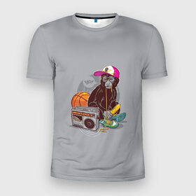 Мужская футболка 3D спортивная с принтом monkey music в Екатеринбурге, 100% полиэстер с улучшенными характеристиками | приталенный силуэт, круглая горловина, широкие плечи, сужается к линии бедра | monkey | банан | баскетбол | магнитофон | музыка | мяч | обезьяна | хипстер