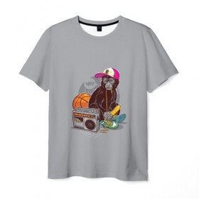 Мужская футболка 3D с принтом monkey music в Екатеринбурге, 100% полиэфир | прямой крой, круглый вырез горловины, длина до линии бедер | monkey | банан | баскетбол | магнитофон | музыка | мяч | обезьяна | хипстер