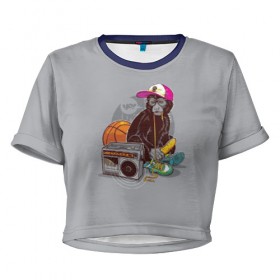 Женская футболка 3D укороченная с принтом monkey music в Екатеринбурге, 100% полиэстер | круглая горловина, длина футболки до линии талии, рукава с отворотами | monkey | банан | баскетбол | магнитофон | музыка | мяч | обезьяна | хипстер