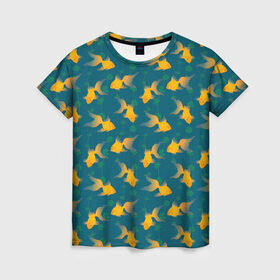 Женская футболка 3D с принтом Золотые рыбки в Екатеринбурге, 100% полиэфир ( синтетическое хлопкоподобное полотно) | прямой крой, круглый вырез горловины, длина до линии бедер | вода | водоросли | море | подводный мир | рыба | сказка