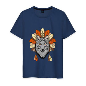 Мужская футболка хлопок с принтом Волк индеец в Екатеринбурге, 100% хлопок | прямой крой, круглый вырез горловины, длина до линии бедер, слегка спущенное плечо. | арт | волк | волкодав | животные | индейцы | перья | собака