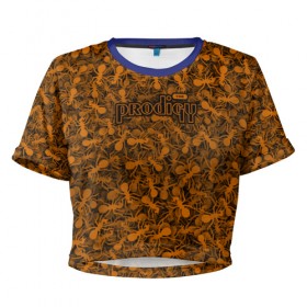Женская футболка 3D укороченная с принтом The Prodigy в Екатеринбурге, 100% полиэстер | круглая горловина, длина футболки до линии талии, рукава с отворотами | муравей | оранжевый | панк | паттерн | продиджи | рейв | текстура | техно