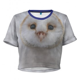 Женская футболка 3D укороченная с принтом Сова в Екатеринбурге, 100% полиэстер | круглая горловина, длина футболки до линии талии, рукава с отворотами | глаза | животные | клюв | мордочка | птица | сова