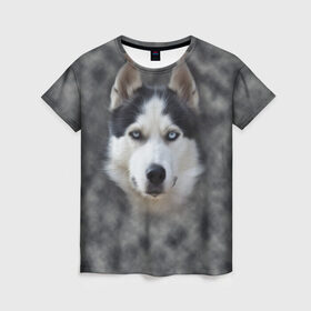 Женская футболка 3D с принтом Хаска в Екатеринбурге, 100% полиэфир ( синтетическое хлопкоподобное полотно) | прямой крой, круглый вырез горловины, длина до линии бедер | мордочка | пес | собака | хаска | щенок