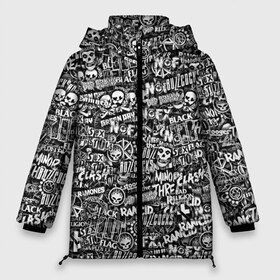 Женская зимняя куртка 3D с принтом Панк-рок стикербомбинг в Екатеринбурге, верх — 100% полиэстер; подкладка — 100% полиэстер; утеплитель — 100% полиэстер | длина ниже бедра, силуэт Оверсайз. Есть воротник-стойка, отстегивающийся капюшон и ветрозащитная планка. 

Боковые карманы с листочкой на кнопках и внутренний карман на молнии | Тематика изображения на принте: bad brains | bad religion | black flag | buzzcocks | clash | dead kennedys | green day | minor threat | misfits | nofx | rancid | social distortion | stooges