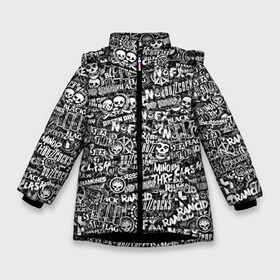 Зимняя куртка для девочек 3D с принтом Панк-рок стикербомбинг в Екатеринбурге, ткань верха — 100% полиэстер; подклад — 100% полиэстер, утеплитель — 100% полиэстер. | длина ниже бедра, удлиненная спинка, воротник стойка и отстегивающийся капюшон. Есть боковые карманы с листочкой на кнопках, утяжки по низу изделия и внутренний карман на молнии. 

Предусмотрены светоотражающий принт на спинке, радужный светоотражающий элемент на пуллере молнии и на резинке для утяжки. | Тематика изображения на принте: bad brains | bad religion | black flag | buzzcocks | clash | dead kennedys | green day | minor threat | misfits | nofx | rancid | social distortion | stooges