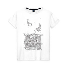 Женская футболка хлопок с принтом Мечтатель в Екатеринбурге, 100% хлопок | прямой крой, круглый вырез горловины, длина до линии бедер, слегка спущенное плечо | воздушный | дзенарт | кот | мечта | принт | раскраска | рыба | рыбки | черно белый