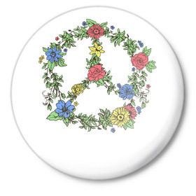 Значок с принтом peace flowers в Екатеринбурге,  металл | круглая форма, металлическая застежка в виде булавки | flowers | peace | мир | цветы
