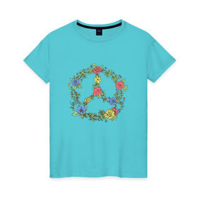 Женская футболка хлопок с принтом peace flowers в Екатеринбурге, 100% хлопок | прямой крой, круглый вырез горловины, длина до линии бедер, слегка спущенное плечо | flowers | peace | мир | цветы