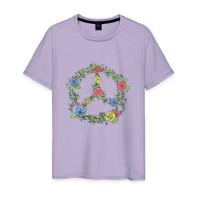 Мужская футболка хлопок с принтом peace flowers в Екатеринбурге, 100% хлопок | прямой крой, круглый вырез горловины, длина до линии бедер, слегка спущенное плечо. | flowers | peace | мир | цветы