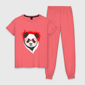 Женская пижама хлопок с принтом Умная панда в Екатеринбурге, 100% хлопок | брюки и футболка прямого кроя, без карманов, на брюках мягкая резинка на поясе и по низу штанин | абстрактная | каракули | милая | очкарик | очки | панда | ручная графика | умный