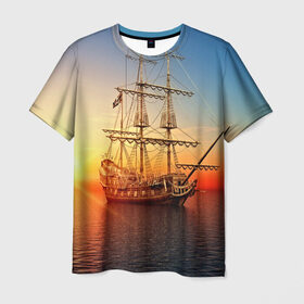Мужская футболка 3D с принтом Фрегат в Екатеринбурге, 100% полиэфир | прямой крой, круглый вырез горловины, длина до линии бедер | 3d | blue | брызги | вмф | вода | военный | волны | исторический | капли | корабль | лето | море | моряк | океан | природа | фрегат | шторм