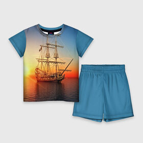 Детский костюм с шортами 3D с принтом Фрегат в Екатеринбурге,  |  | 3d | blue | брызги | вмф | вода | военный | волны | исторический | капли | корабль | лето | море | моряк | океан | природа | фрегат | шторм