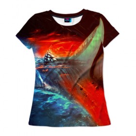 Женская футболка 3D с принтом Фантастика в Екатеринбурге, 100% полиэфир ( синтетическое хлопкоподобное полотно) | прямой крой, круглый вырез горловины, длина до линии бедер | 3d | blue | брызги | вмф | вода | военный | волны | исторический | капли | корабль | космос | лето | море | моряк | океан | природа | фрегат | шторм