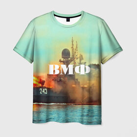 Мужская футболка 3D с принтом Военный корабль в Екатеринбурге, 100% полиэфир | прямой крой, круглый вырез горловины, длина до линии бедер | 3d | blue | боевой | брызги | вмф | вода | военный | волны | исторический | капли | корабль | лето | море | моряк | океан | природа | ракеты | силовые структуры | шторм