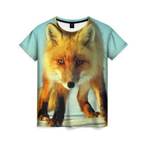 Женская футболка 3D с принтом Лисица в Екатеринбурге, 100% полиэфир ( синтетическое хлопкоподобное полотно) | прямой крой, круглый вырез горловины, длина до линии бедер | 3d | другие | животные | зима | лиса | прикольные | природа | снег | хищники | цветные | яркие