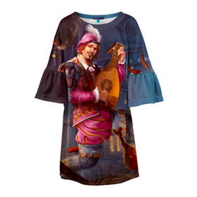 Детское платье 3D с принтом Лютик в Екатеринбурге, 100% полиэстер | прямой силуэт, чуть расширенный к низу. Круглая горловина, на рукавах — воланы | Тематика изображения на принте: gwent | witcher | ведьмак | гвинт | геральт | лютик