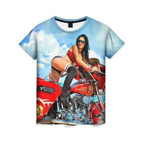 Женская футболка 3D с принтом Девушка на мотоцикле в Екатеринбурге, 100% полиэфир ( синтетическое хлопкоподобное полотно) | прямой крой, круглый вырез горловины, длина до линии бедер | байкер
