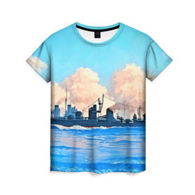 Женская футболка 3D с принтом Корабль в Екатеринбурге, 100% полиэфир ( синтетическое хлопкоподобное полотно) | прямой крой, круглый вырез горловины, длина до линии бедер | 3d | blue | брызги | вмф | вода | военный | волны | исторический | капли | корабль | лето | море | моряк | океан | природа | фрегат | шторм