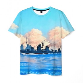 Мужская футболка 3D с принтом Корабль в Екатеринбурге, 100% полиэфир | прямой крой, круглый вырез горловины, длина до линии бедер | 3d | blue | брызги | вмф | вода | военный | волны | исторический | капли | корабль | лето | море | моряк | океан | природа | фрегат | шторм