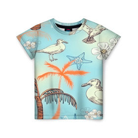 Детская футболка 3D с принтом Морской стиль в Екатеринбурге, 100% гипоаллергенный полиэфир | прямой крой, круглый вырез горловины, длина до линии бедер, чуть спущенное плечо, ткань немного тянется | арт | море | пальмы | природа | птицы | цветные | цветы | чайки | яркие