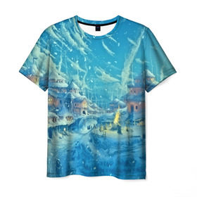 Мужская футболка 3D с принтом Зимний городок в Екатеринбурге, 100% полиэфир | прямой крой, круглый вырез горловины, длина до линии бедер | ночь | пейзаж | снег
