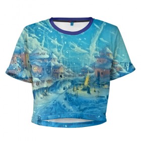 Женская футболка 3D укороченная с принтом Зимний городок в Екатеринбурге, 100% полиэстер | круглая горловина, длина футболки до линии талии, рукава с отворотами | Тематика изображения на принте: ночь | пейзаж | снег