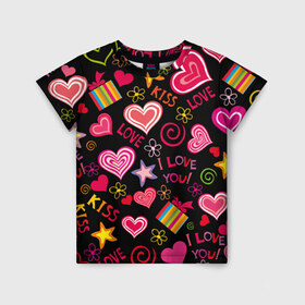 Детская футболка 3D с принтом Love в Екатеринбурге, 100% гипоаллергенный полиэфир | прямой крой, круглый вырез горловины, длина до линии бедер, чуть спущенное плечо, ткань немного тянется | kiss | love | звезды | любовь | подарок | поцелуй | сердце | цветы