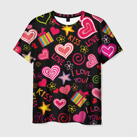 Мужская футболка 3D с принтом Love в Екатеринбурге, 100% полиэфир | прямой крой, круглый вырез горловины, длина до линии бедер | Тематика изображения на принте: kiss | love | звезды | любовь | подарок | поцелуй | сердце | цветы