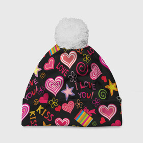 Шапка 3D c помпоном с принтом Love в Екатеринбурге, 100% полиэстер | универсальный размер, печать по всей поверхности изделия | kiss | love | звезды | любовь | подарок | поцелуй | сердце | цветы