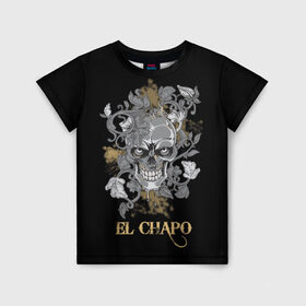Детская футболка 3D с принтом El Chapo в Екатеринбурге, 100% гипоаллергенный полиэфир | прямой крой, круглый вырез горловины, длина до линии бедер, чуть спущенное плечо, ткань немного тянется | el chapo | глаза | скелет | тату | цветы | череп