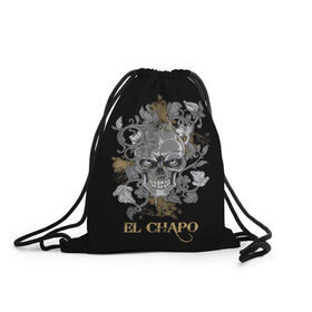 Рюкзак-мешок 3D с принтом El Chapo в Екатеринбурге, 100% полиэстер | плотность ткани — 200 г/м2, размер — 35 х 45 см; лямки — толстые шнурки, застежка на шнуровке, без карманов и подкладки | Тематика изображения на принте: el chapo | глаза | скелет | тату | цветы | череп