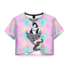 Женская футболка 3D укороченная с принтом Mermaid 2 в Екатеринбурге, 100% полиэстер | круглая горловина, длина футболки до линии талии, рукава с отворотами | 