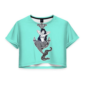 Женская футболка 3D укороченная с принтом Mermaid blue в Екатеринбурге, 100% полиэстер | круглая горловина, длина футболки до линии талии, рукава с отворотами | 
