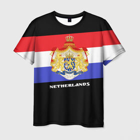 Мужская футболка 3D с принтом Флаг и герб Нидерланды в Екатеринбурге, 100% полиэфир | прямой крой, круглый вырез горловины, длина до линии бедер | амстердам | голландия | европа